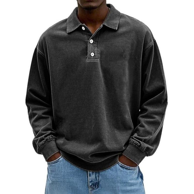 Men's Clothing New Long Sleeve POLO Shirt Pullover Washed T-Shirt