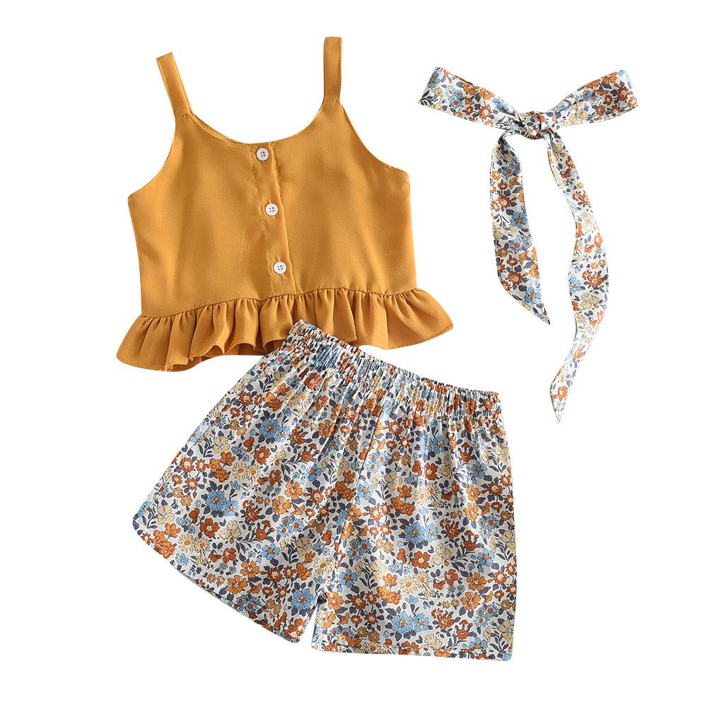 Children's Yellow Suspender Two-piece Summer Girls' Suspender Tops Floral Shorts Children's Summer Clothes