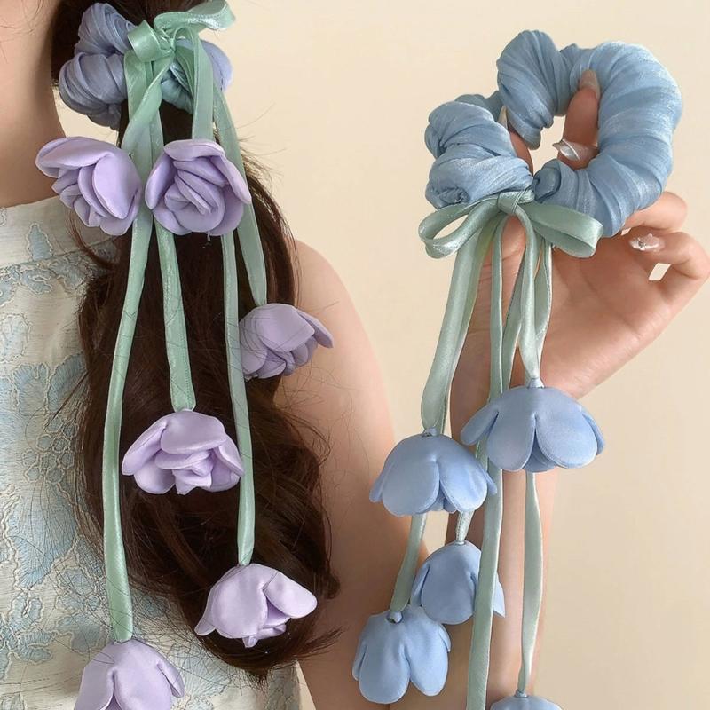 Elegant Floral Tulle Scrunchie With Fringe Detailing Headbands Rope Hair Band For Everyday Styling