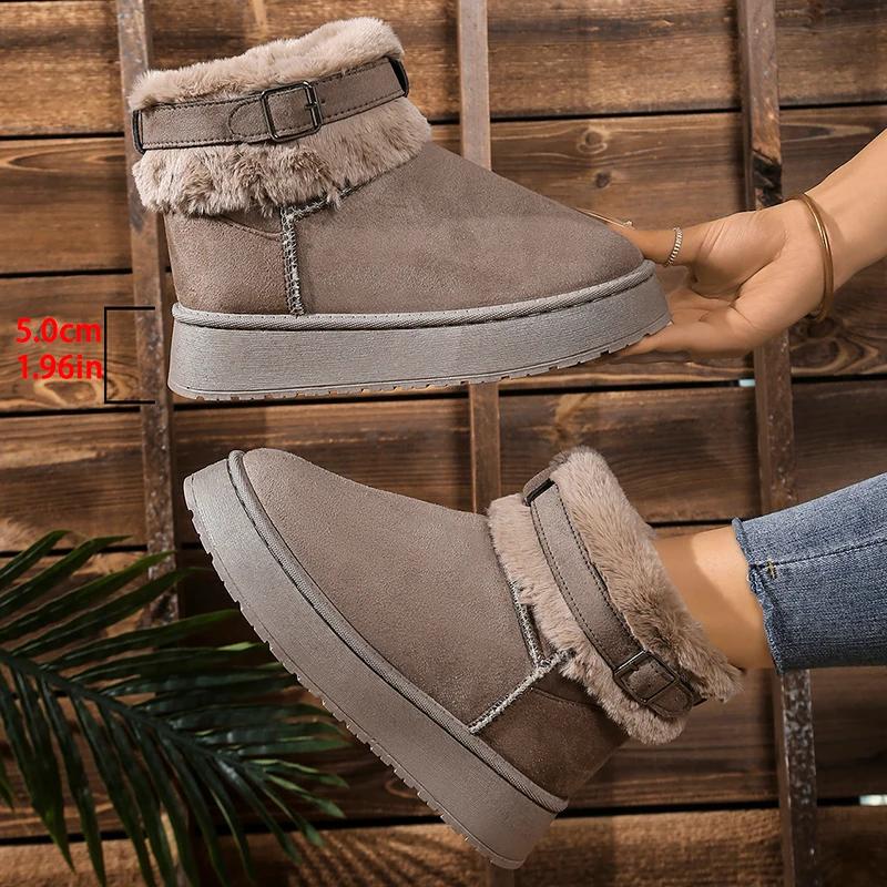 Fashion Buckle Faux Fur Winter Ankle Boots Women Cotton Padded Thicken Plush Snow Boots Comfort Thick Sole Non Slip Platform Casual Shoe