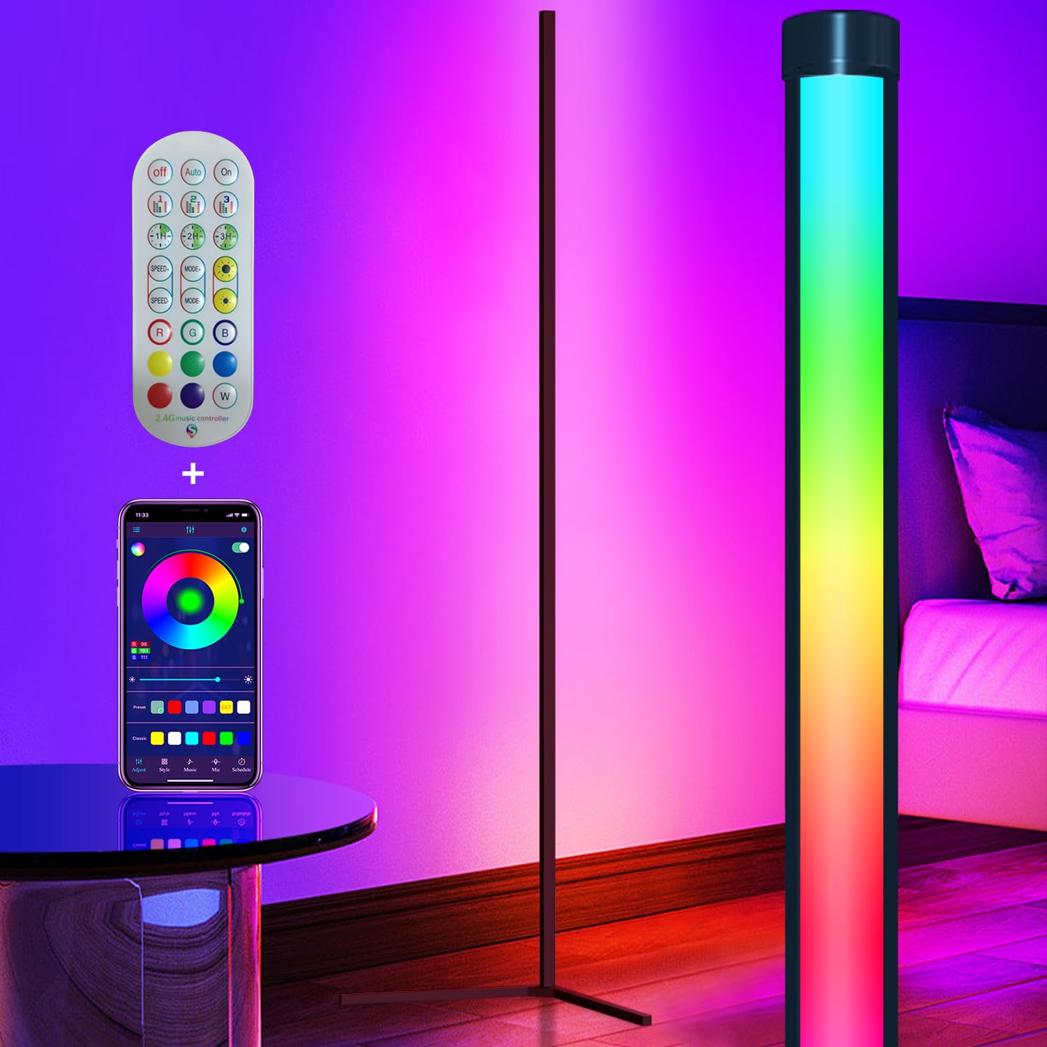 

Ambient Lighting Floor Lamp, RGB Floor Light, LED Floor Stand, Color Changing, Gaming, AppRemote Control, Timer Function, Adjustable Brightness and
