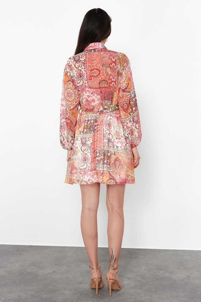 Women's Style Dress Orange Flower Patterned Shirt Collar Mini Lined Chiffon Woven Dress