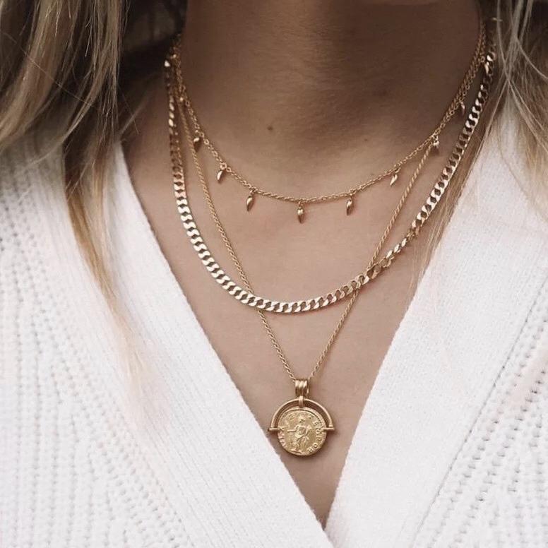 French Chic Roman Head Pendant Necklace Gold Coin Round Chain Choker Fashion Versatile Accessory