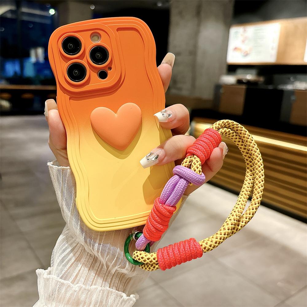 Cartoon Love Heart Gradient Lanyard Case for For Iphone 16 1 14 17 Pro Max Air Plus 12 13 11 Xr Xs Hand Wrist Strap Wave Soft Cover
