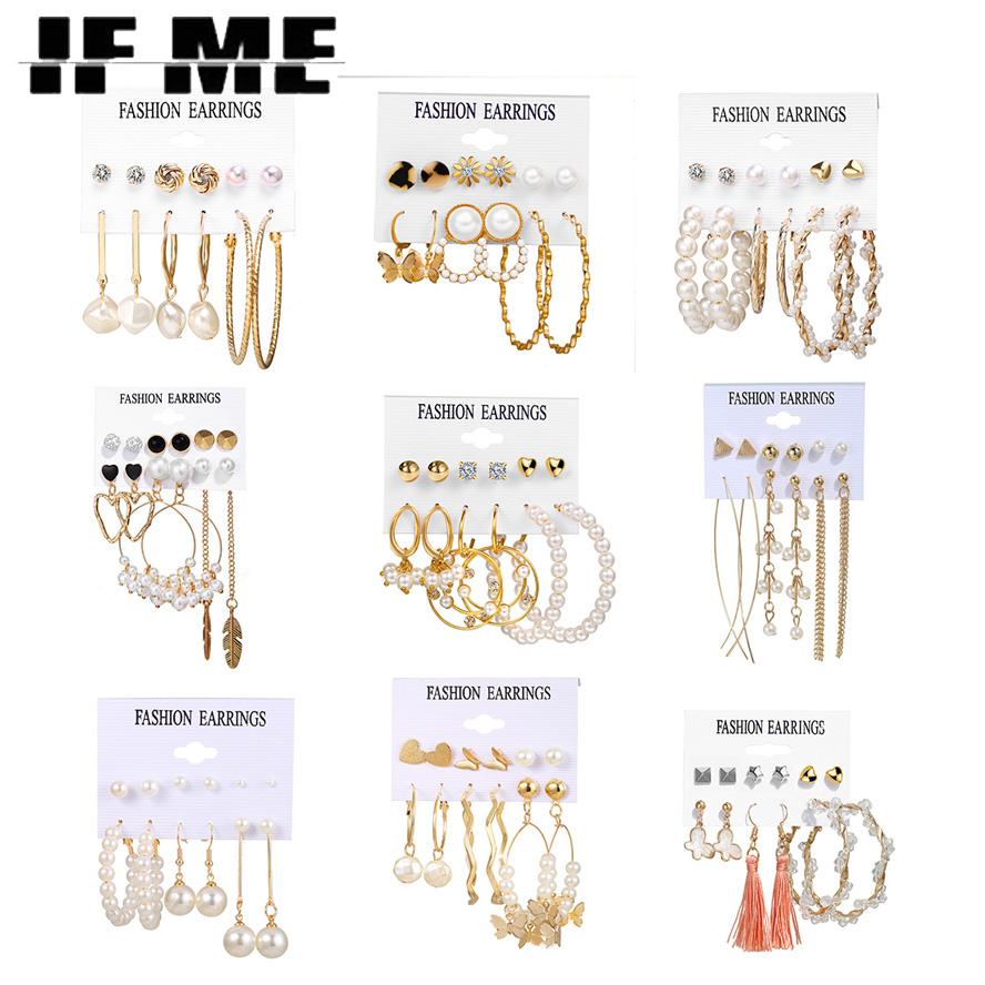 IF ME Retro Butterfly Tassel Pearl Earrings Set Elegant Gold Earring Women Fashion Jewelry Accessories