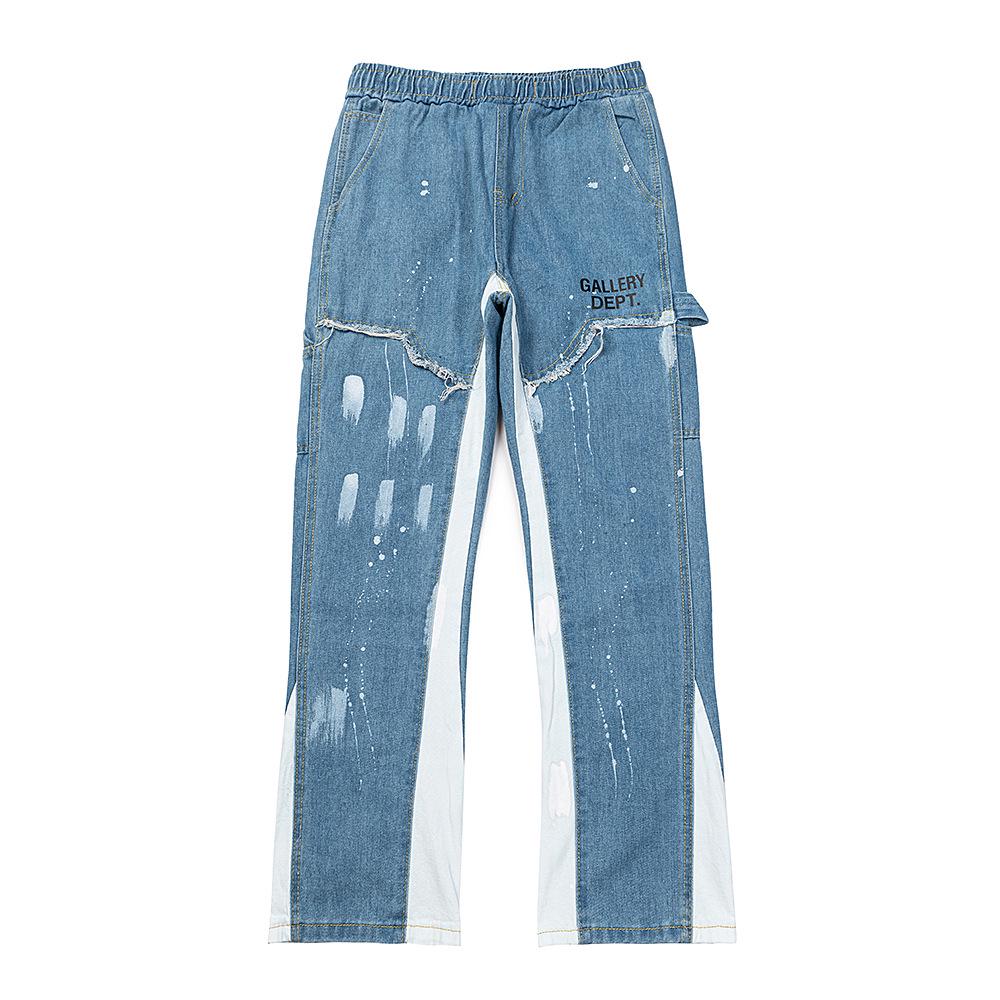 Ručně malované flekaté inkoustové patchworkové ležérní tepláky se stahovací šňůrkou, džínovina s mikro-rozšířenými nohavicemi, unisex dlouhé kalhoty