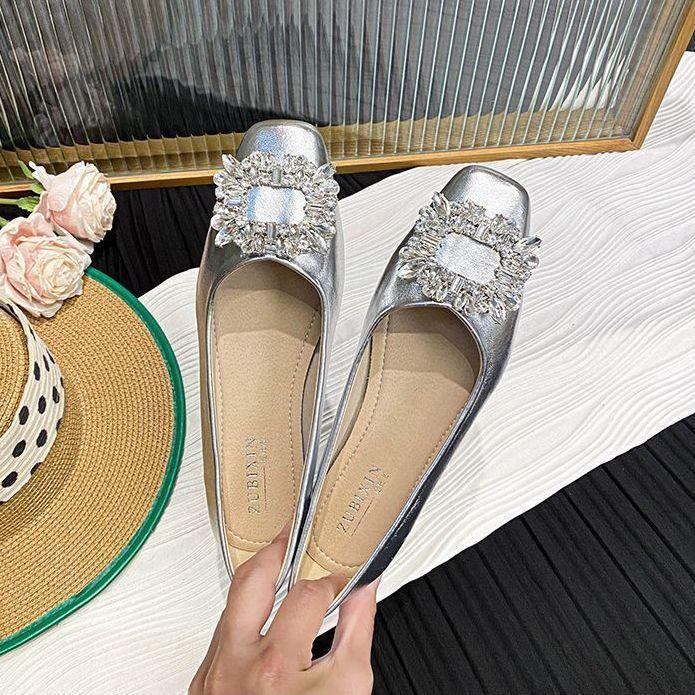 French square head rhinestone single shoes women's 2025 new autumn shallow mouth flat bottom laden shoes soft leather one pedal Doudou shoes
