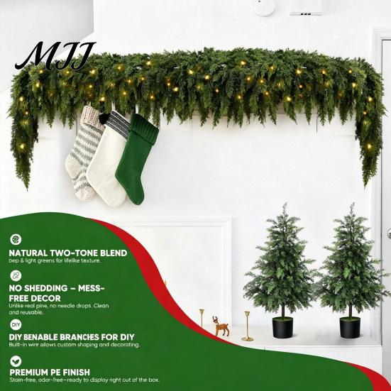 Artificial Christmas Decor Pre-Lit Garland Decoration, Real Touch Cedar Cypress Pine Greenery with Decorative for Holiday Parties LED Light