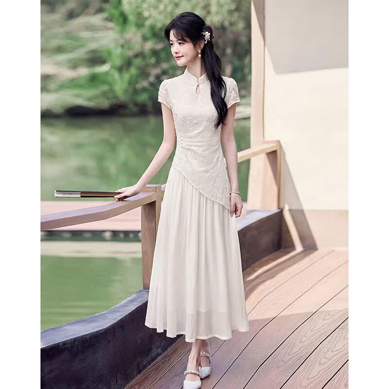 Elegant New Chinese Style Short-Sleeve Midi Dress
