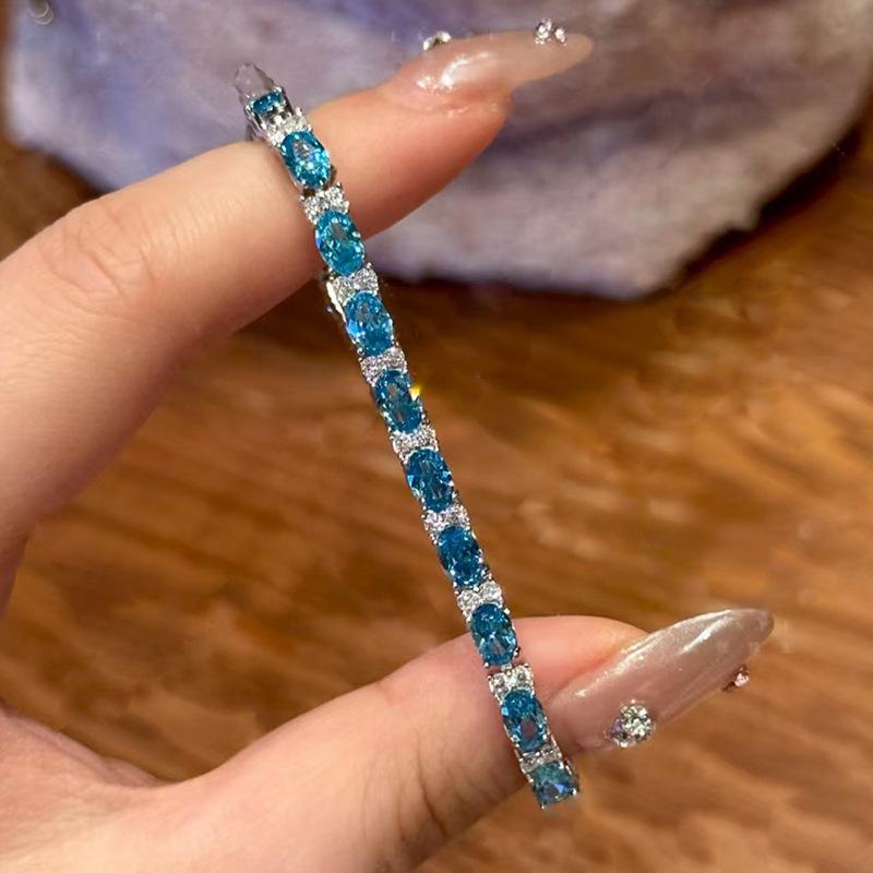 Hui Zhi Yi S925 Sterling Silver High Carbon Diamond & Aquamarine Luxury Bracelet