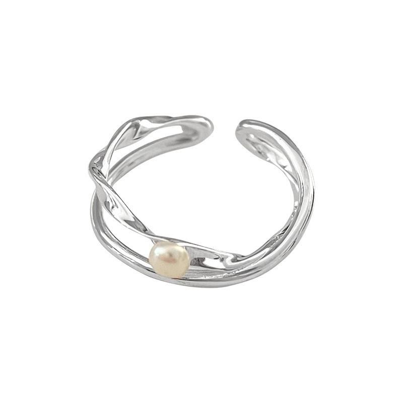 Modern Womens Adjustable Copper Ring With Geometric Lines And Beautiful Pearl Detail
