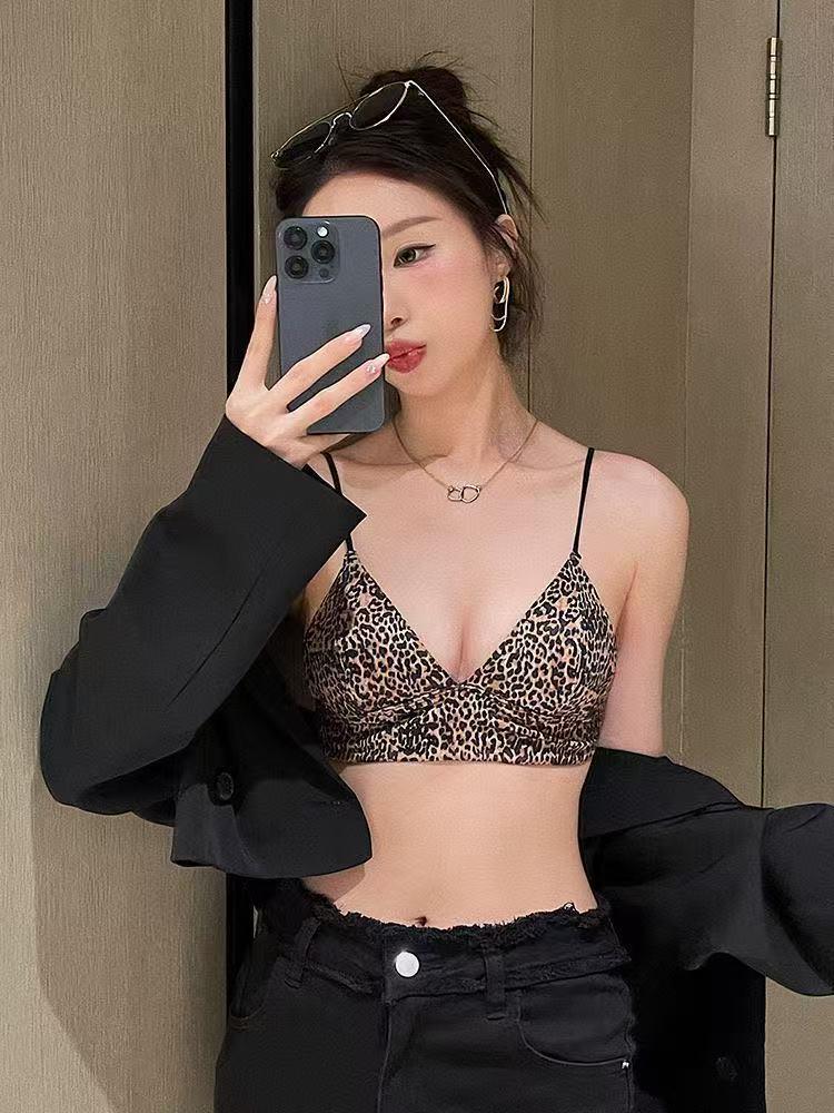 Leopard Print Wire-Free Deep V Lingerie Set - Women's Sexy Triangle Cup Spaghetti Strap Bra