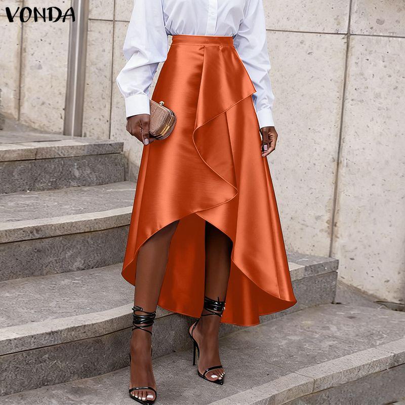 VONDA Elegant Women Side Zip-up Waist Layers Ruffled Irregular Casual Party Satin Skirts Dress