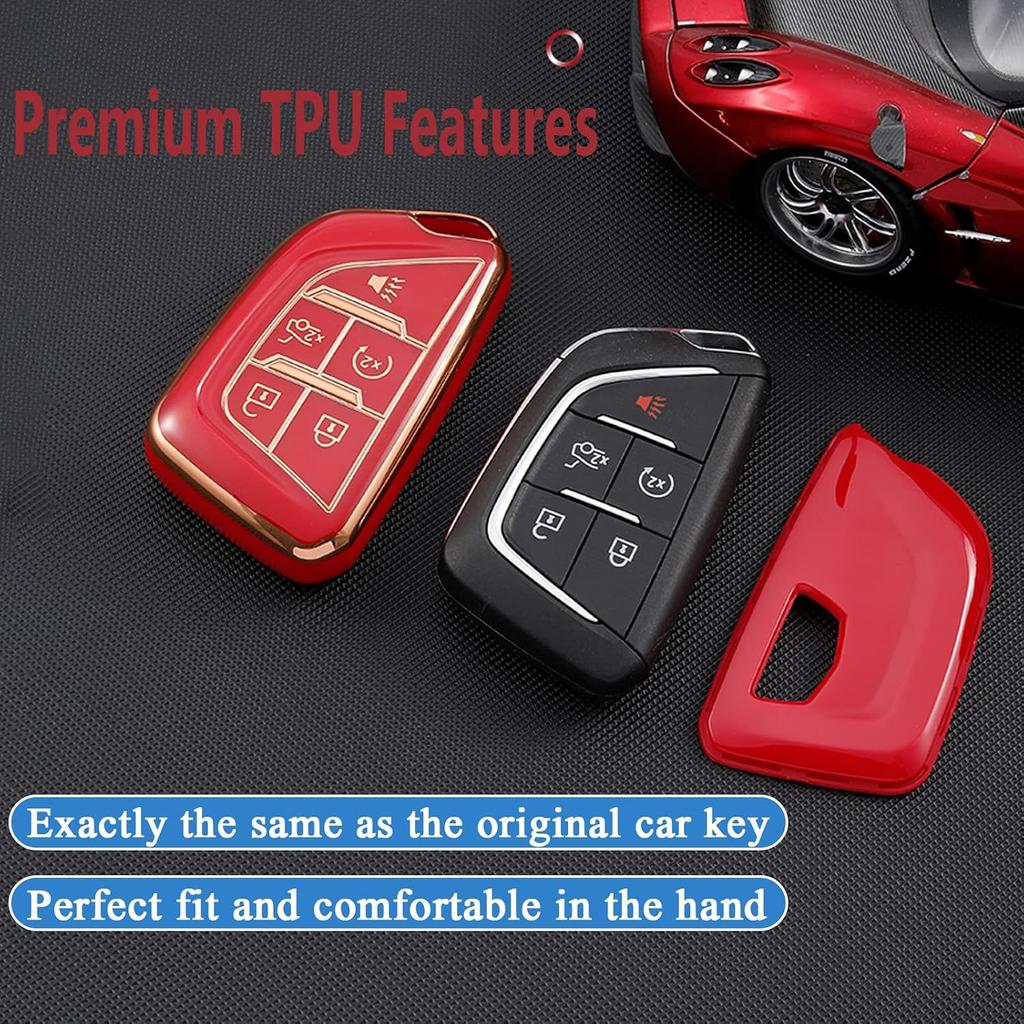 for Cadillac Key Fob Cover Soft TPU with Keychain Shell Full Protective Cover Remote Smart Key Fob Case Compatible with 2020-2023 Cadillac Escalade