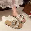 Fashion New Women Cork Sole Clogs Slippers Fashion Cow Suede Flat Mules with Adjustable Buckle Men Leather Potato Shoes Beach Sandals
