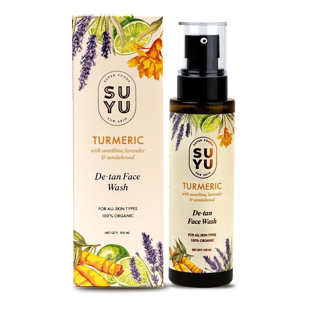 SUYU Turmeric De-Tan Glow Face Wash - 100 ml | Gentle Cleanser for Repairing Sun Damage | Organic Facewash for Women & Men | Turmeric & Sandalwoo
