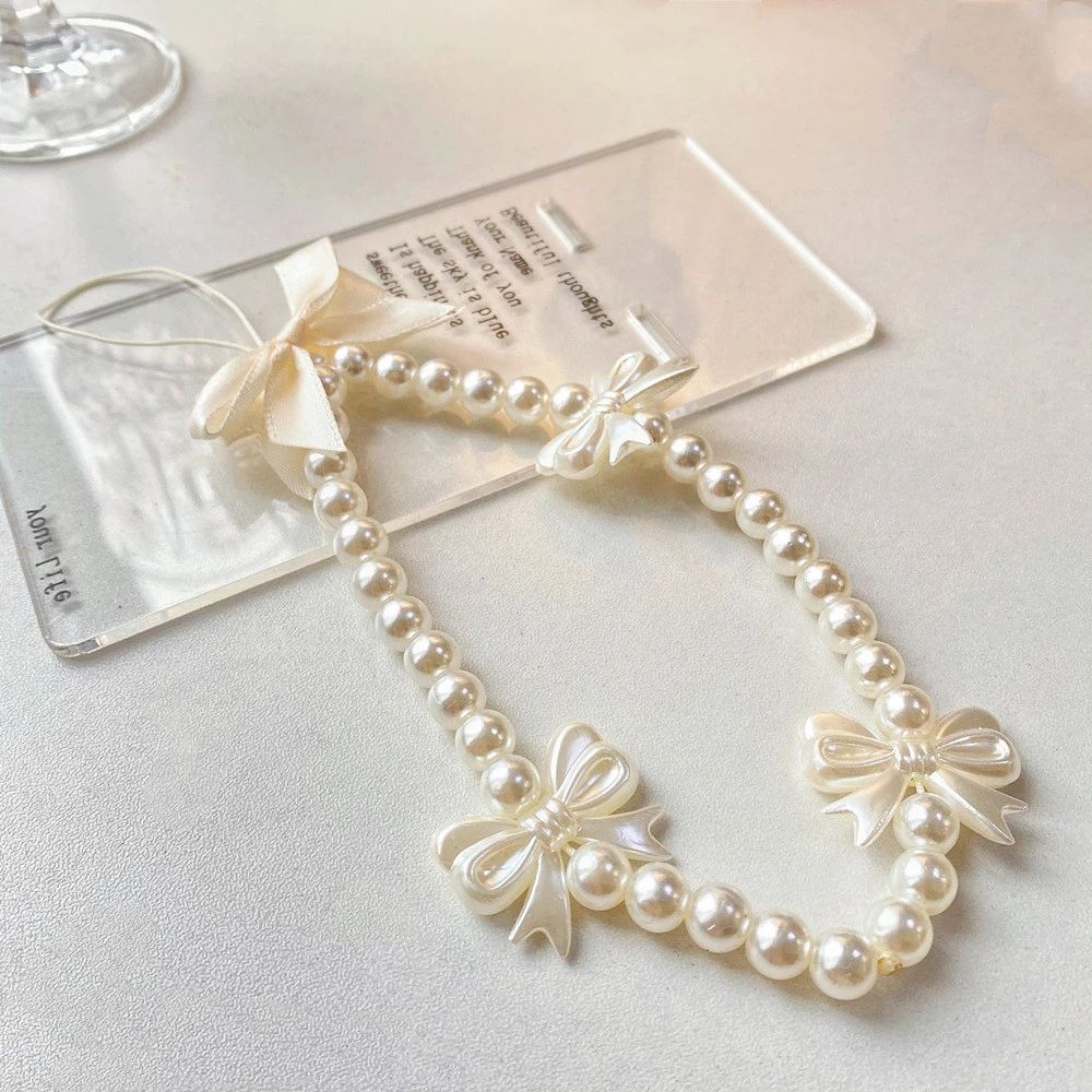 Rope Phone Chain Short Rope Pearl Bow Mobile Phone Straps Hand Strap Wrist Hand Lanyard Phone Charm