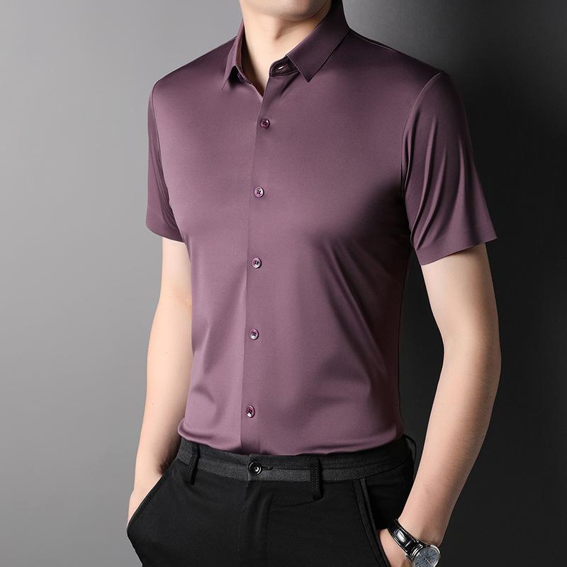 Summer Ice Silk No-iron Short-sleeved Shirt Men's Seamless Breathable Quick-drying Shirt Men's Elastic Half-sleeved Business Men's Clothing