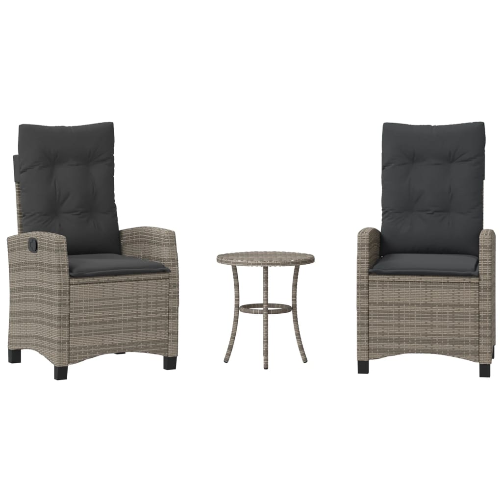3 Piece Bistro Set with Cushions Grey Poly Rattan