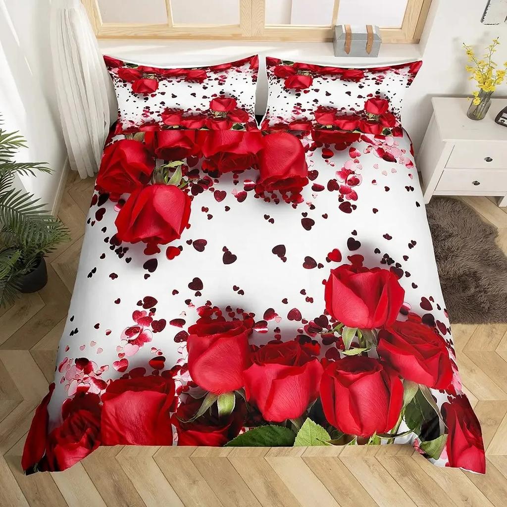 Rosen Bettbezug Set Rote Rose Floral Bettwäsche Sets Blume Schmetterling Bettdeckenbezug für Frauen Modern Fashion Marmor Steppdeckenbezug
