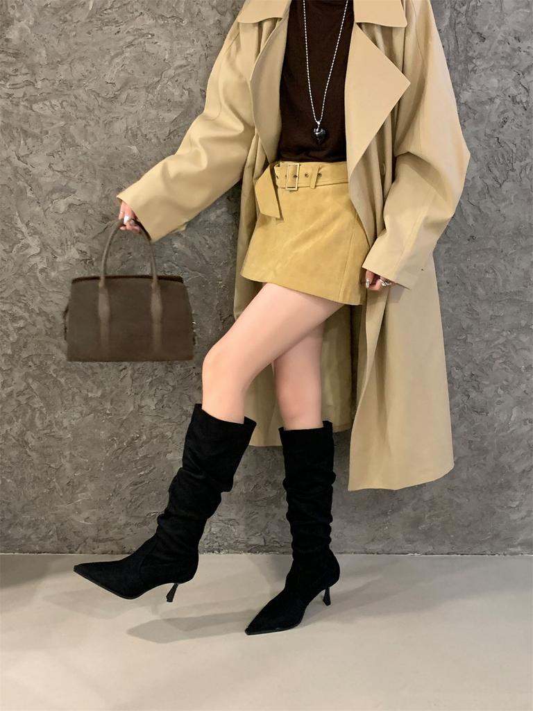 High Heel Pointed Khaki Suede Pile Boots Women's Shoes 2025 Autumn and Winter Single Boots Skinny Long Knight Boots