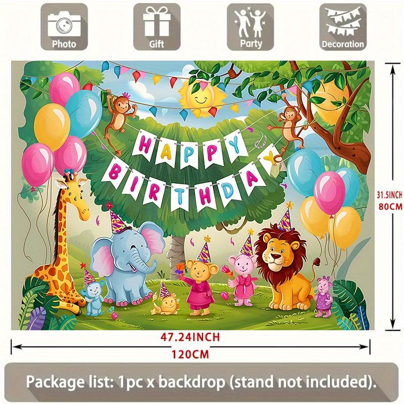 Party-Hintergrund Dschungel-Safari Cartoon-Tiere Ballons Text Festlicher Fotoautomaten-Hintergrund Geburtstagsfeier Dekoration