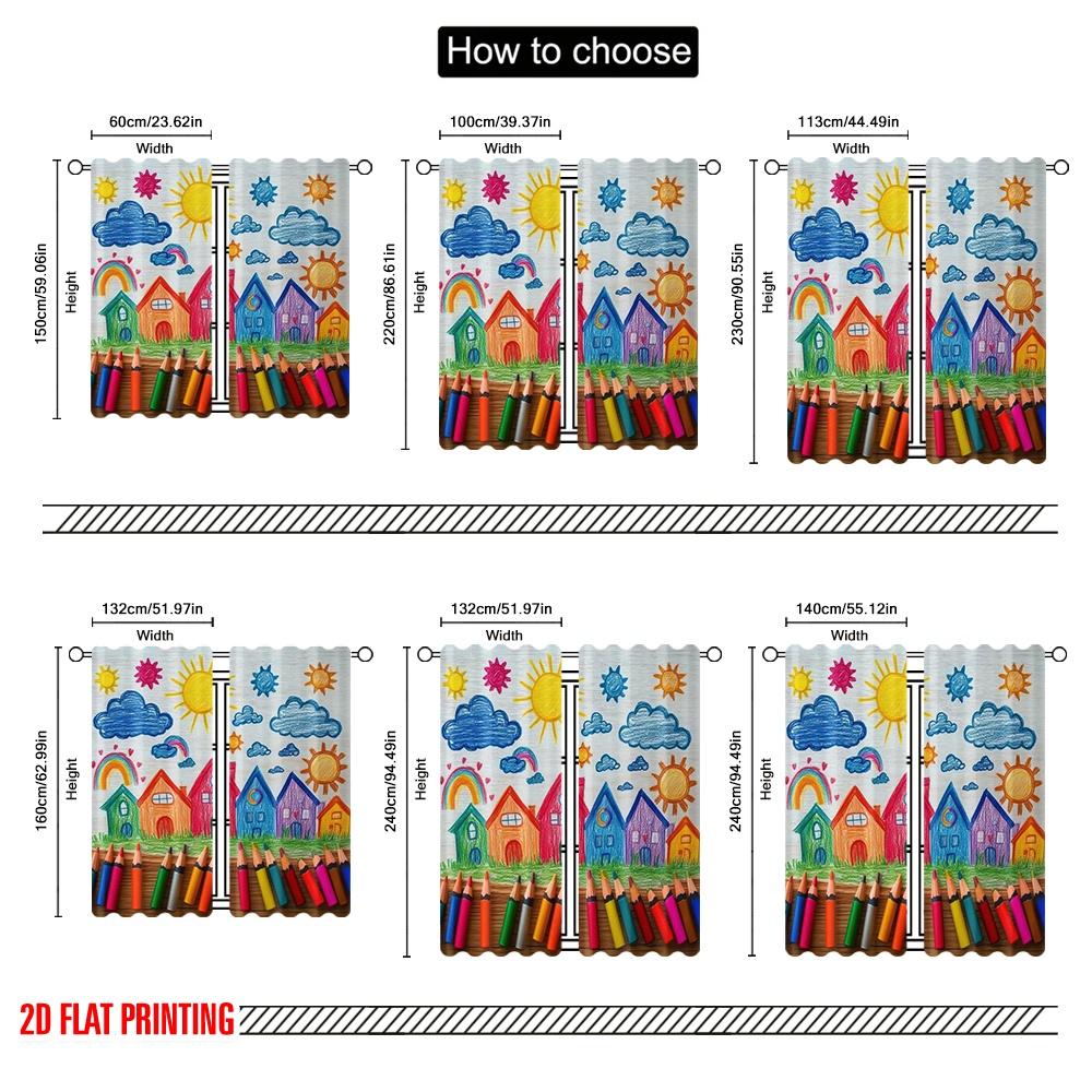 2D flat printing 2pcs Back to School Party Theme Curtain Includes colored crayons_ pencils_ fun school patterns and happy clouds