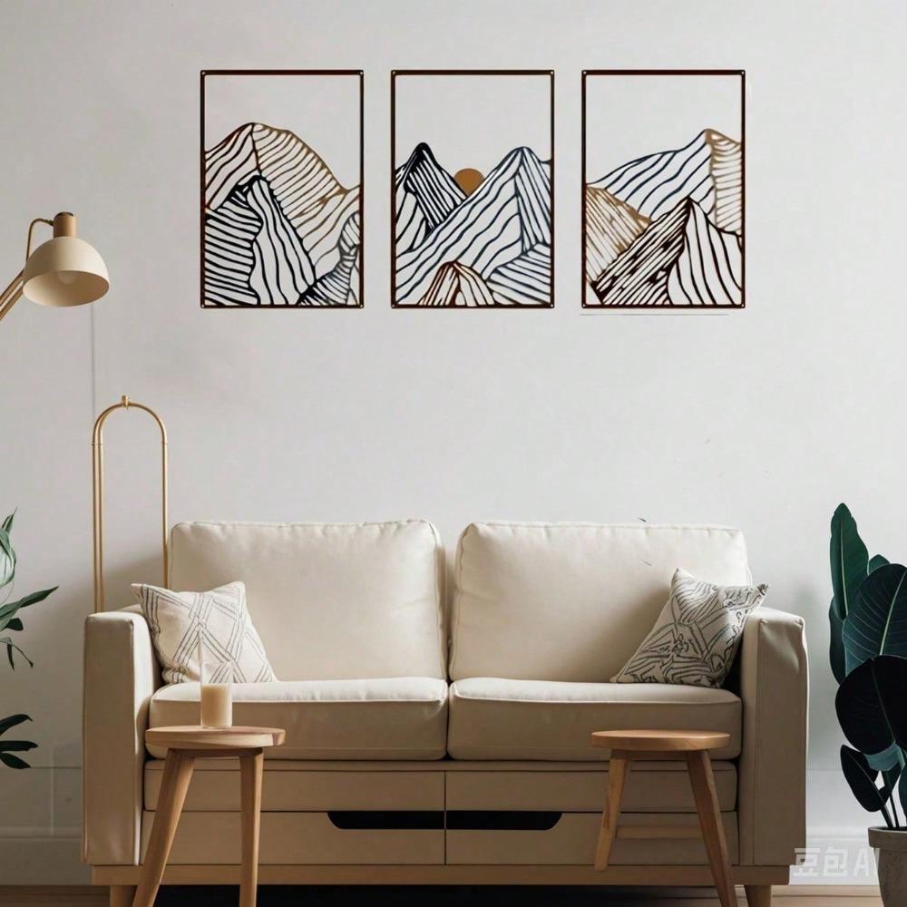 3Pcs Iron Mountain Wall Art, Minimalist Line Design Paintings for Living Room Bedroom Office, Modern Metal Decor, Easy To Hang, Unique Gift