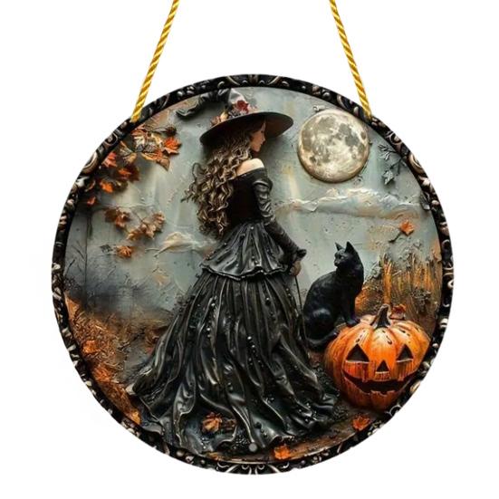 Halloweenská Měsíční Čarodějnice Závěsná Dekorace Vitráž 2D Plochý Akrylový Přívěsek z Falešného Křišťálu Čarodějnický Lapač Slunce Nástěnná Okenní Závěsná Tabule Ozdoba