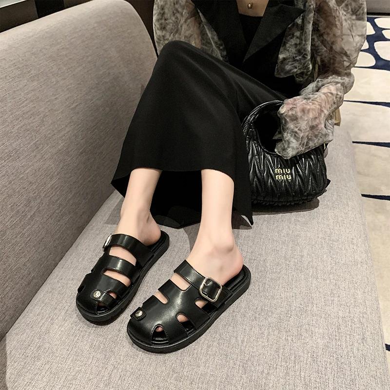 

Fashion Women s Summer New PU Leather Simple Solid Color Outdoor Slip-on Flat Shoes 2025 Daily Casual Open-toe Beach Women s Roman Shoes 42