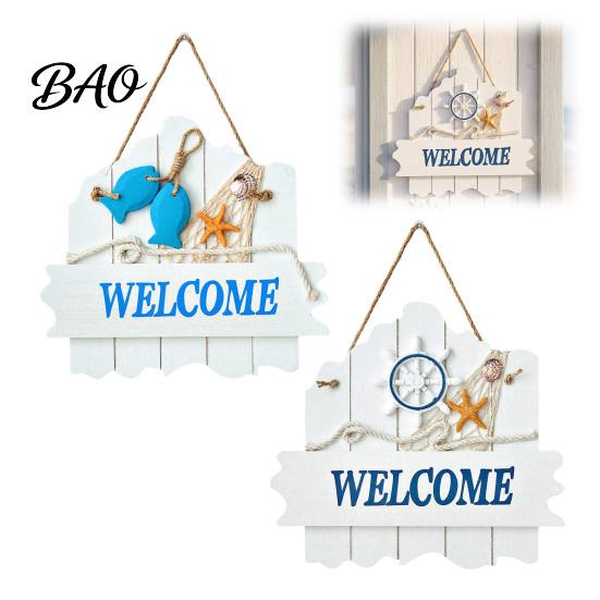 Beach House Accessories Mediterranean Style Wooden Welcome Sign, Starfish And Shells Hanging Seaside Inspired Wall Ornament Plaque, Decorative Art for