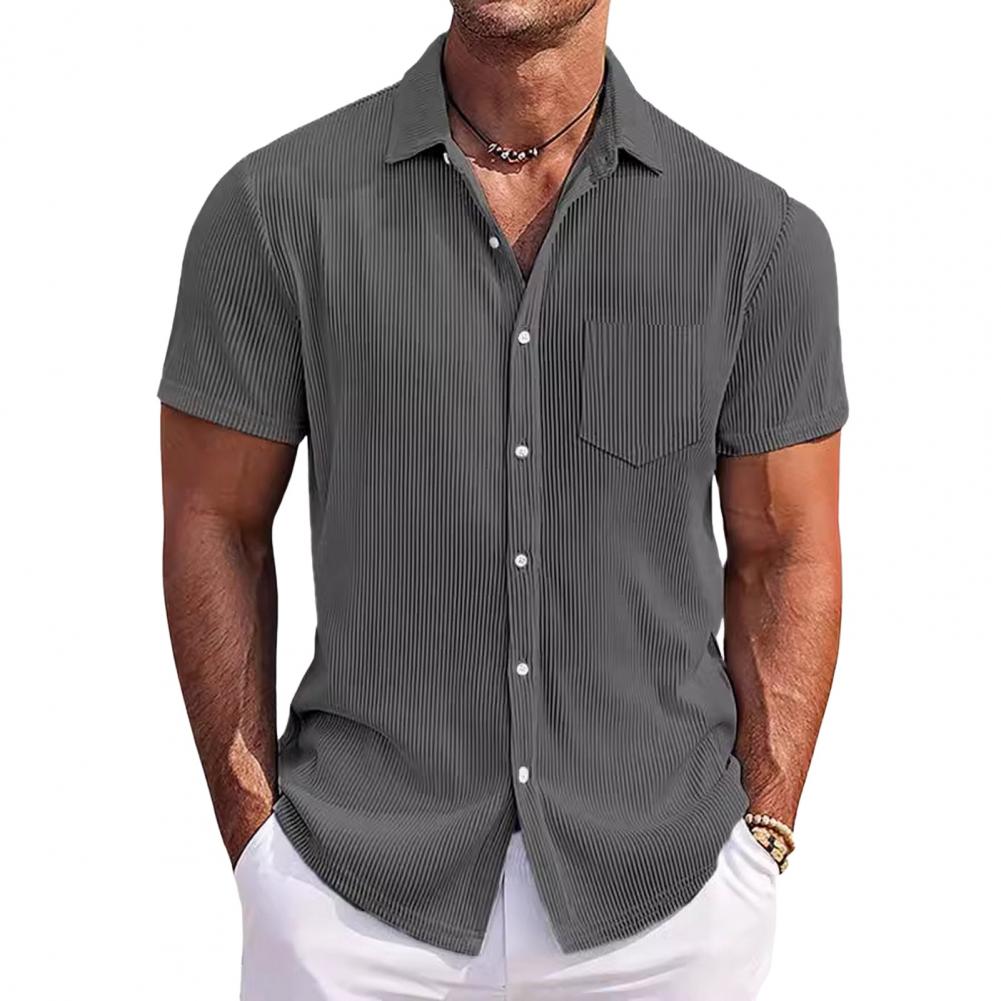Summer Men Shirt Turn-down Collar Single-breasted Loose Plus Size Mid Length Solid Color Chest Pocket Short Sleeves Streetwear D