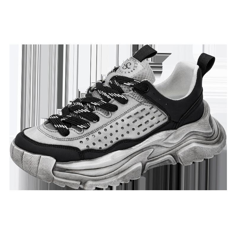 

Мужская обувь 2024 года, лето, новая кожаная поверхность, дышащая, полая, повседневная спортивная обувь, толстая подошва, усиливающая ретро-обувь для старых отцов 39 чёрный