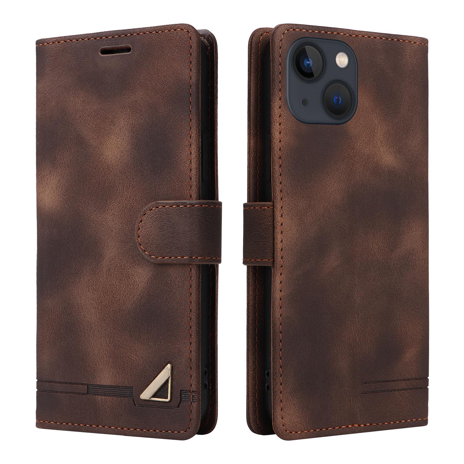

007 Series For iPhone 13 6.1 inch Leather Skin-touch Protective Cover Phone Stand Wallet Case Brown