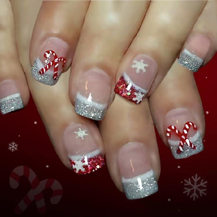 

Christmas Party Glittering Fake Nail Short Oval French Styles Snowflake Cane Pattern Easily Wear 1