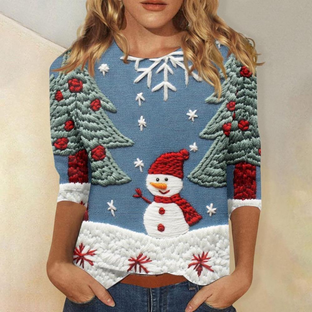 Christmas Limited Edition Women's 3D Snowflake and Snowman Print Round Neck Long Sleeve Hoodies Fashion Casual Long Sleeve Top