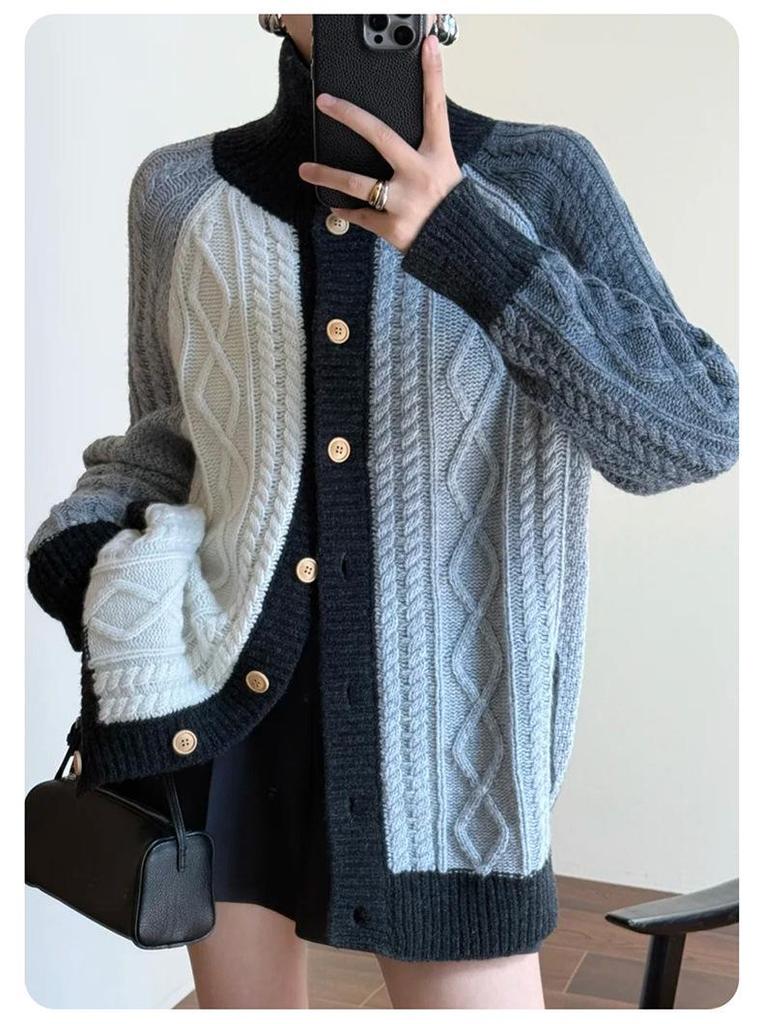 Women's Retro Hong Kong Style Mid-Length Cable Knit Wool Cardigan with Round Neck