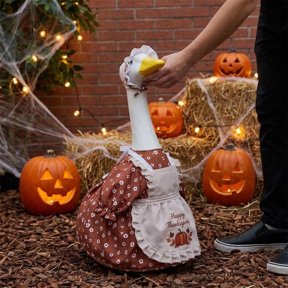 Pumpkin Print Thanksgiving Porch Goose Dress Outfit Goose Apron Suit for 23 Inch Yard Goose
