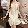 Summer V-Neck Nightdress with Chest Pads - Sexy Bubble Cotton Spaghetti Strap Style: Loose Fit Homewear for Women