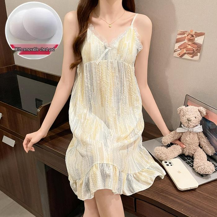 Summer V-Neck Nightdress with Chest Pads - Sexy Bubble Cotton Spaghetti Strap Style: Loose Fit Homewear for Women