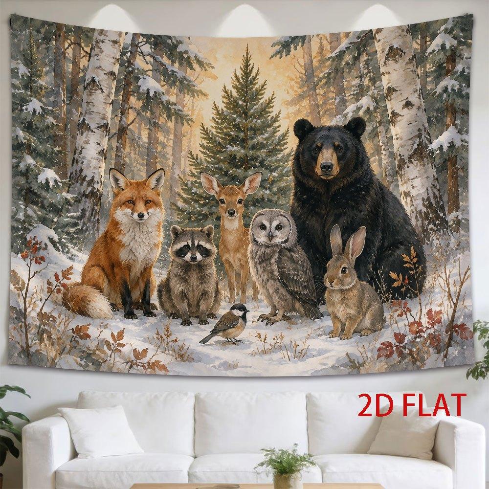 2D Flat - 2D Flat - 1pc 2D Flat Tapestry Wild Animals Gather in a Snowy Forest, Including Fox, Bear, Deer, Owl, Rabbit, Raccoon, And Bird, Creating a