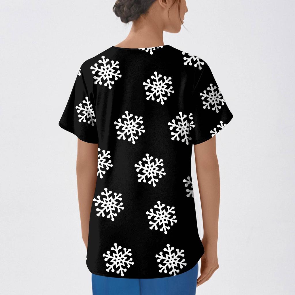 Women's Fashion Printed Short Sleeve V Neck Pattern Tops Pocket Working T-shirts