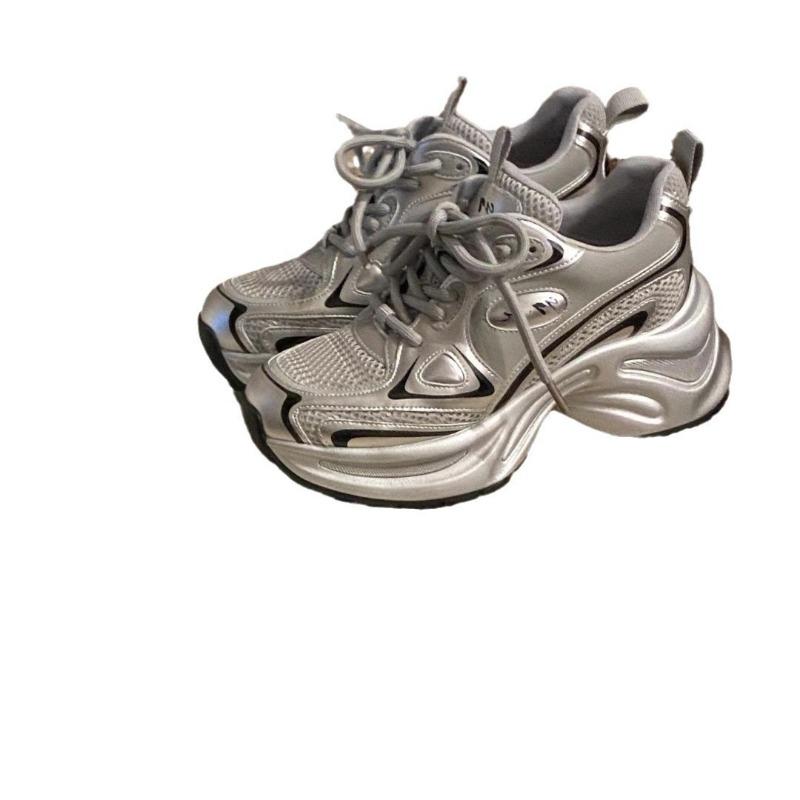 White Deer Silver Dad Shoes Women's Autumn Mesh Breathable Versatile Thick Soles Increase the Tide of Casual Sports Shoes