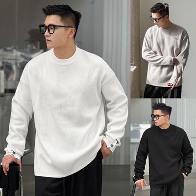 Mens Solid Color Round Neck Long Sleeve Knit Sweater Casual Loose Pullover