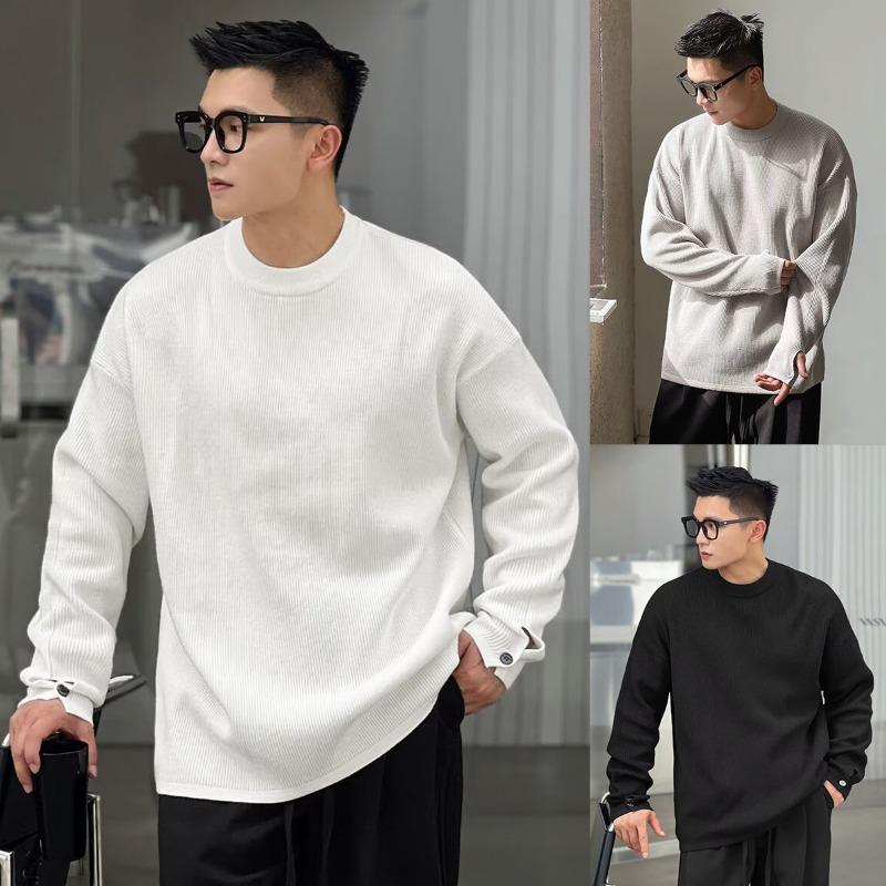 Mens Solid Color Round Neck Long Sleeve Knit Sweater Casual Loose Pullover