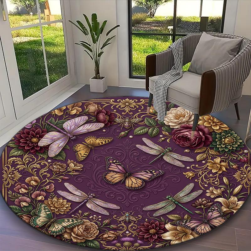 [1pc Cream Ivory Floral Butterfly Meadow Office Chair Carpet] Digital Printed Round Rug for Home & Game Room Use, Soft Indoor Sofa Chair Mat