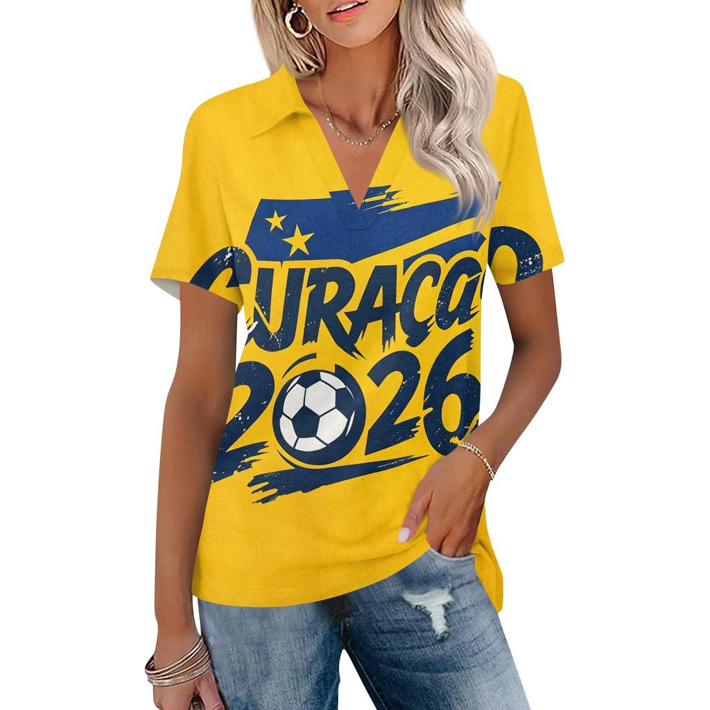 Women's Casual V Neck Short Sleeve Polo Shirt with Graphic Print Soft Lightweight Summer Top for Outdoor Everyday Wear