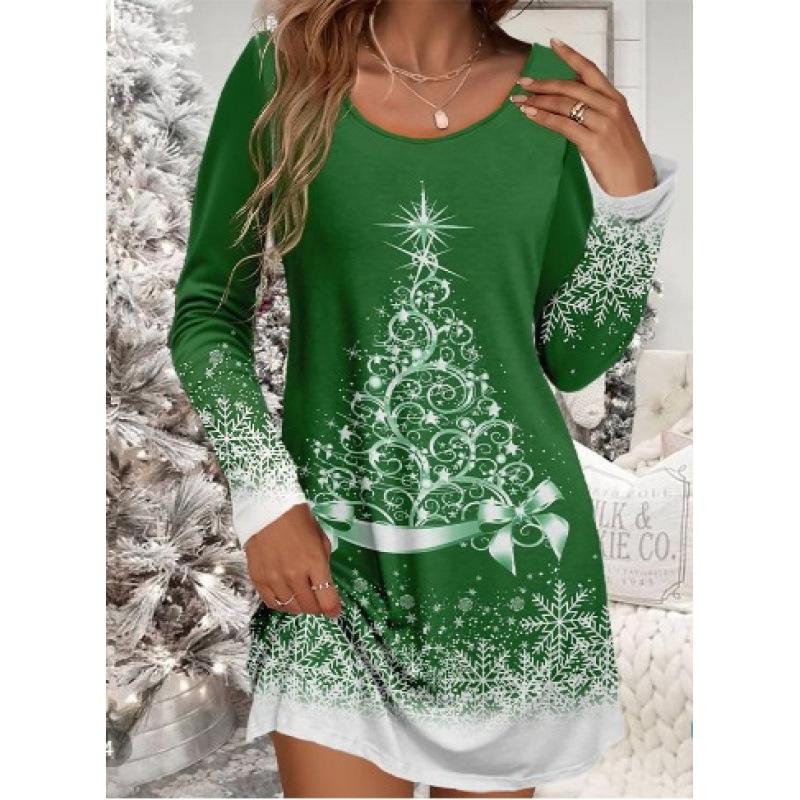 Women's Christmas Snowflake & Tree Print Casual Long Sleeve Dress