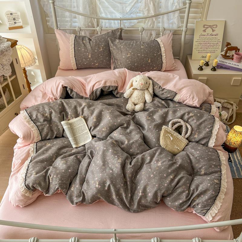 Korean Style Lace Skin-Friendly Double Layer Gauze Printed Bedding Set - Three or Four Pieces