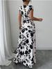 2025 Women's V-Neck Short Sleeve Tie-Up Dress with New Print - Spring/Summer Waist-Cinching Long Dress